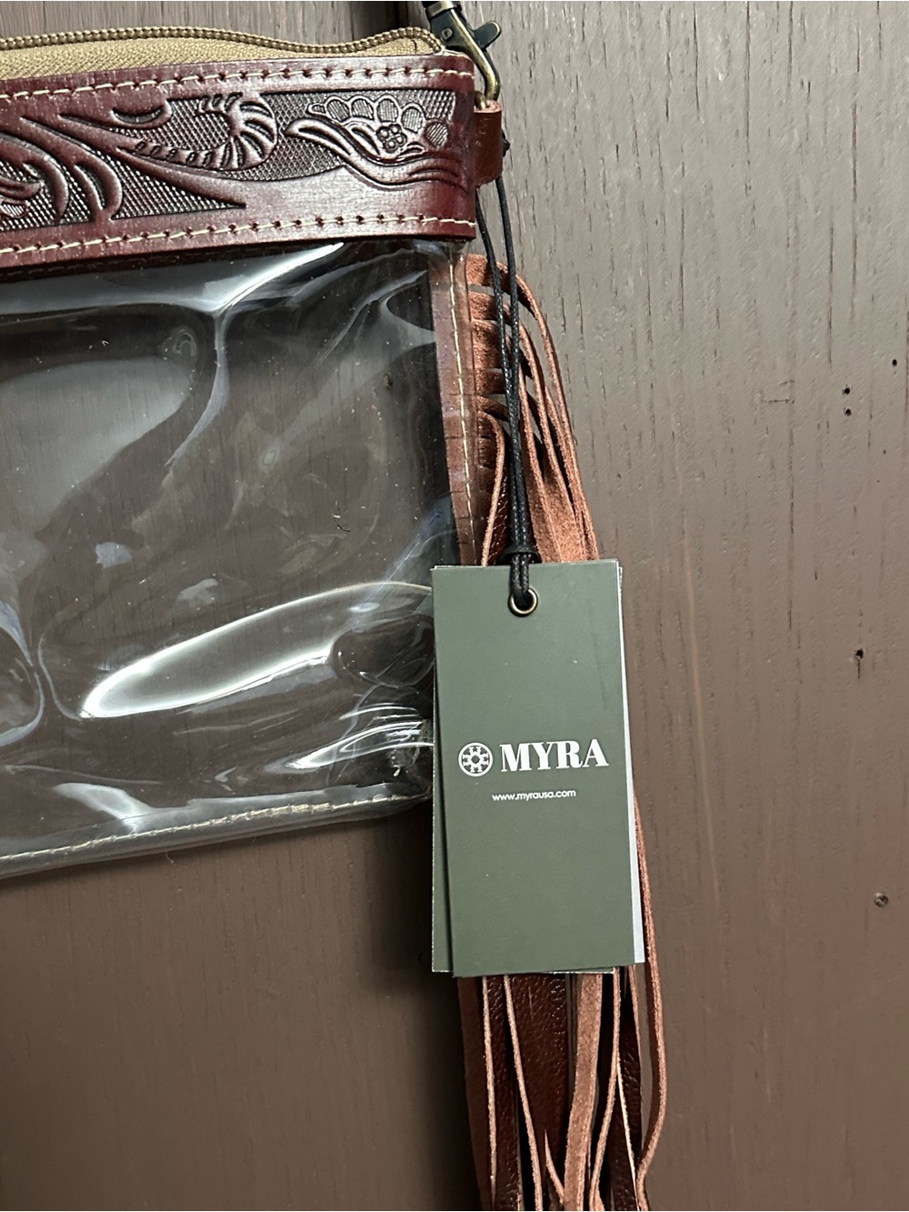 Myra Bag Clear Crossbody with Brown Leather Fringe and Tan Strap - Picture 5 of 7